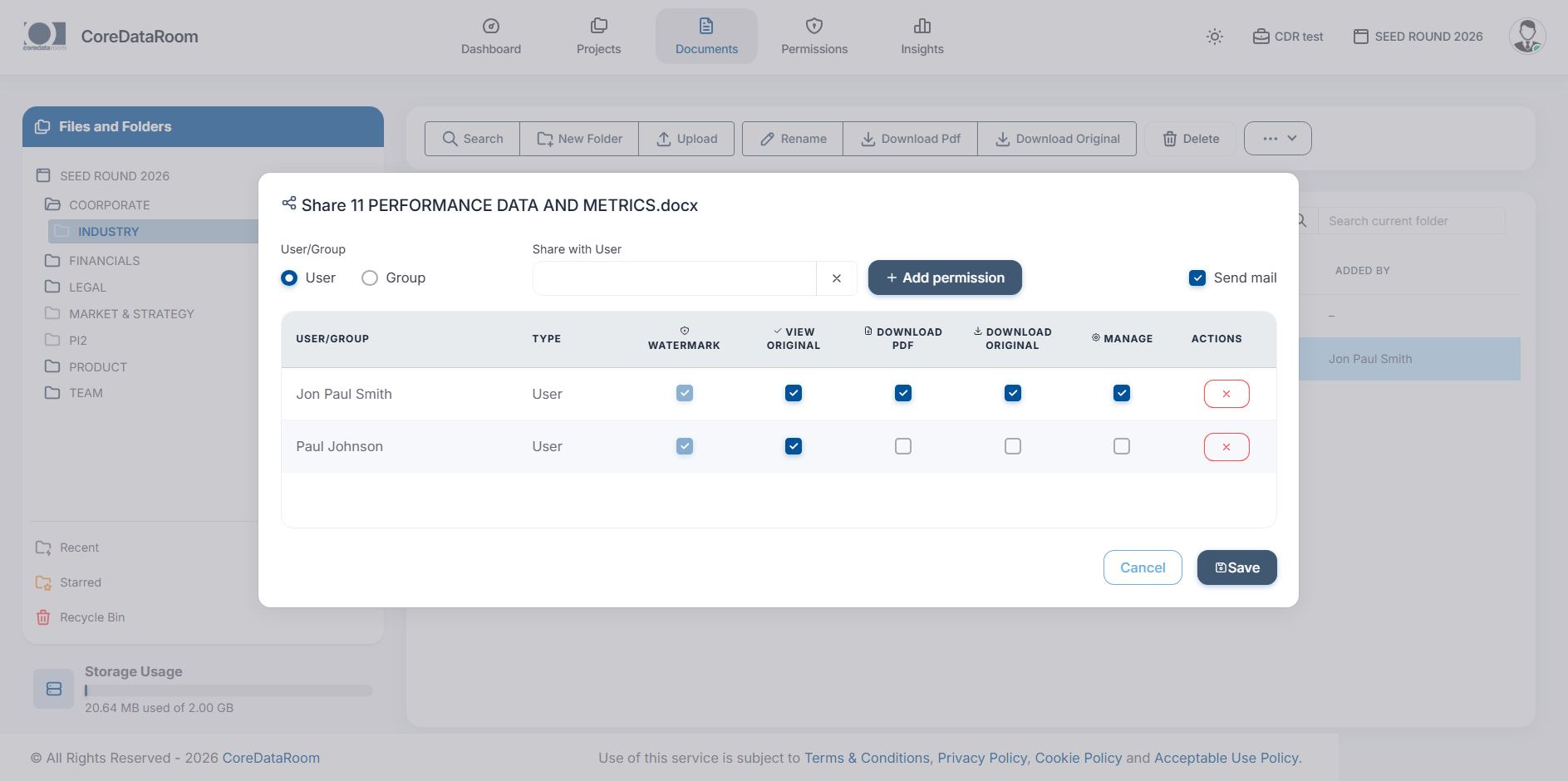 CoreDataRoom permissions dialog showing granular per-user controls for watermark, view, download PDF, download original, and manage actions